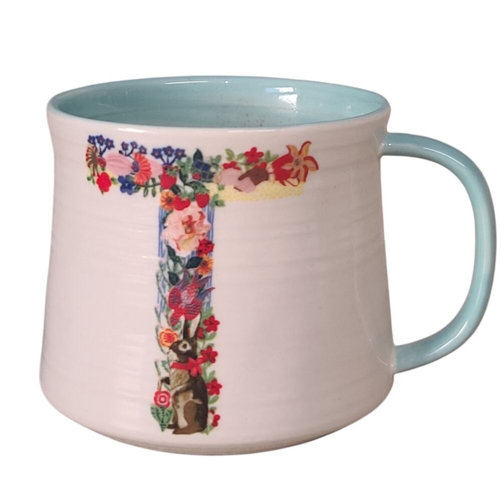 Anthropologie Nathalie Lété T Floral Monogram Mug 14.25 oz Blue White Stoneware